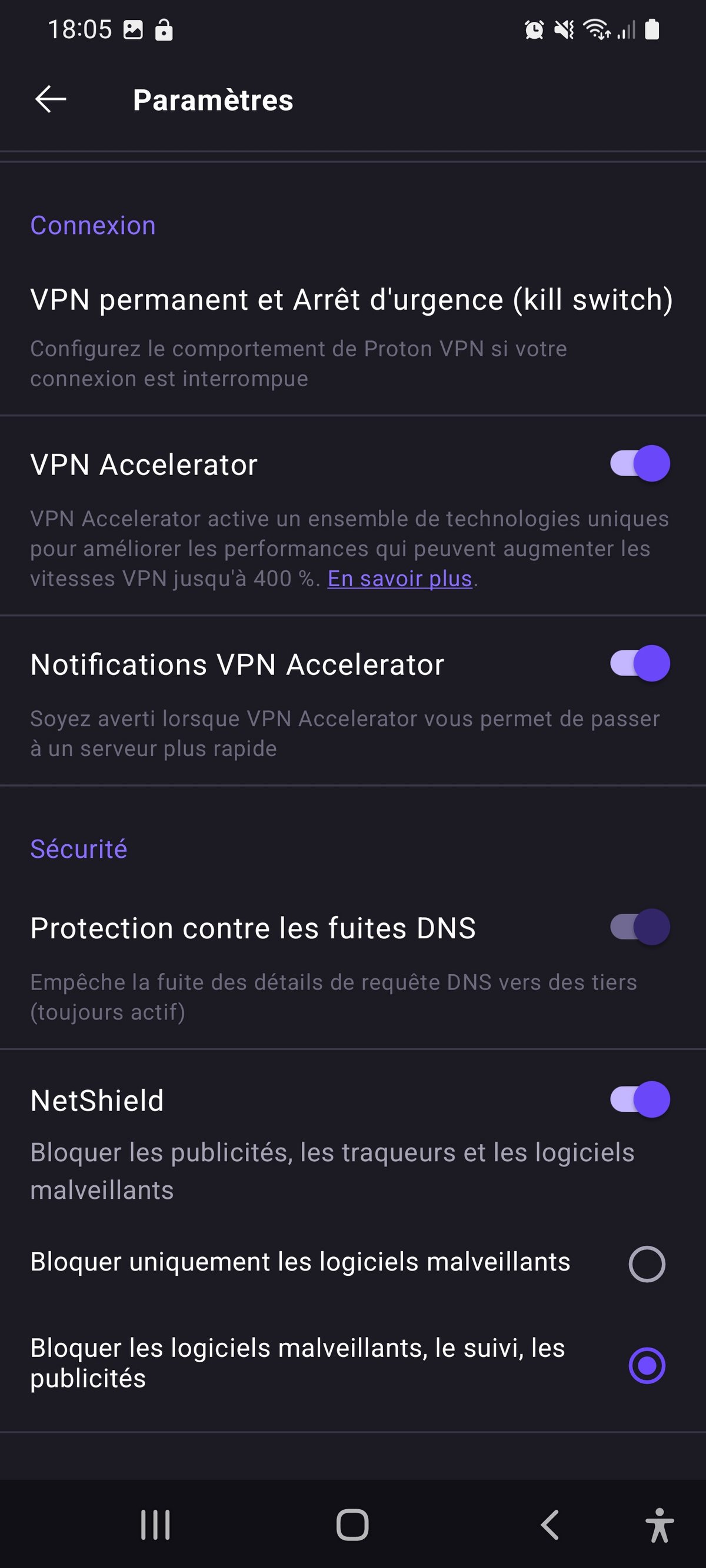 Proton VPN - Les paramètres du service sur Android