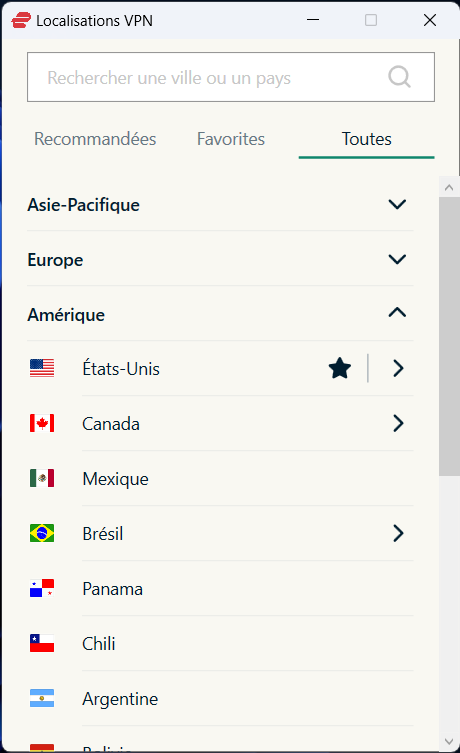 ExpressVPN - Sélectionnez un pays de connexion