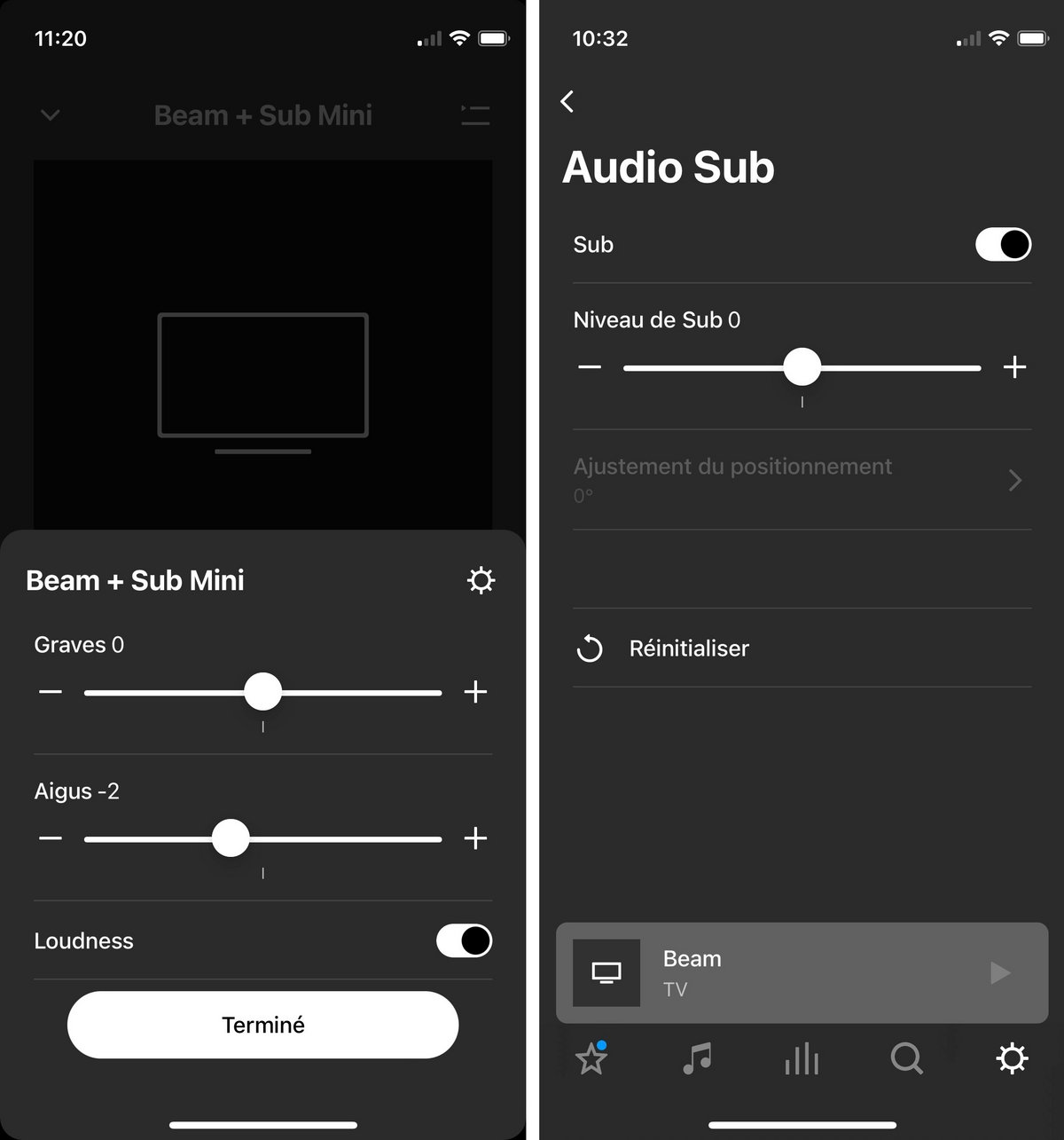 Test Sonos Sub Mini app réglages
