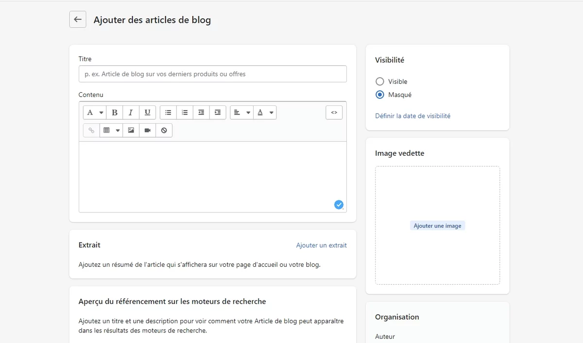 Shopify éditeur article de blog © Shopify