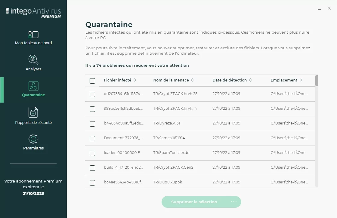 Intego Antivirus Premium quarantaine © Clubic.com / Stephane Ruscher