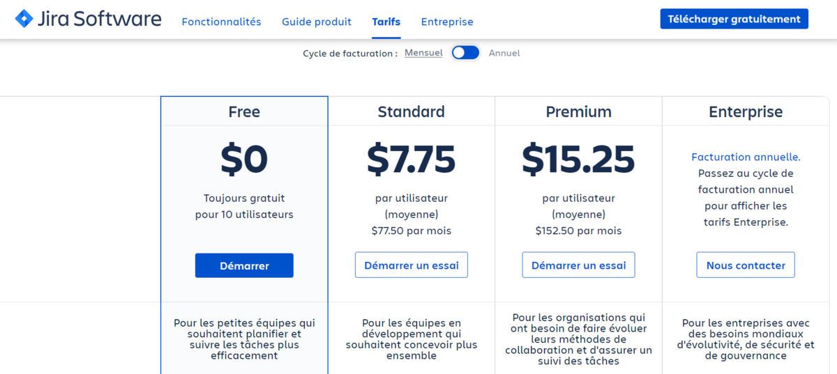 tarifs jira © https://www.atlassian.com/fr/software/jira