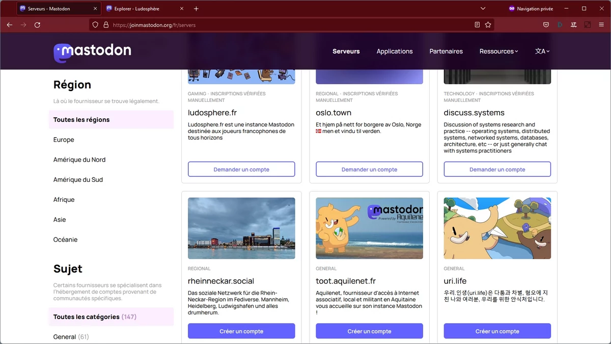 Serveurs Mastodon © Capture d'écran