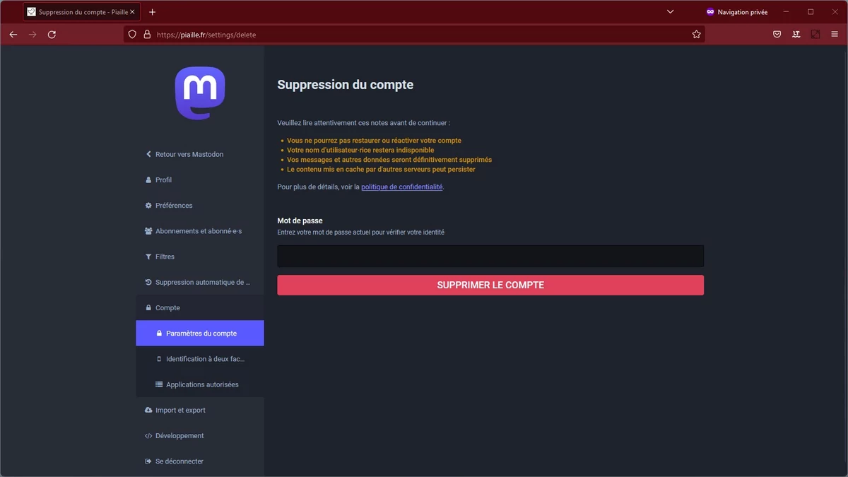 Suppression Mastodon © Capture d'écran
