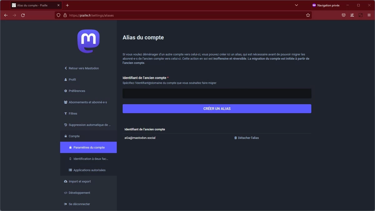 Alias Mastodon © Capture d'écran