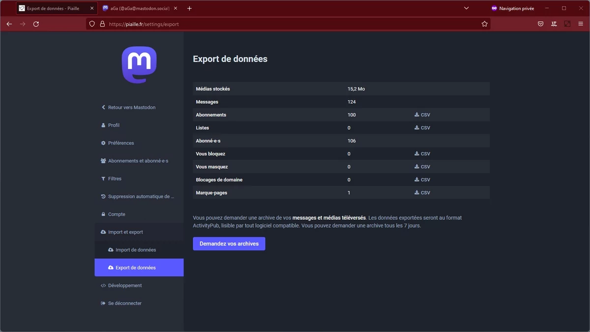 Import Export Mastodon © Capture d'écran