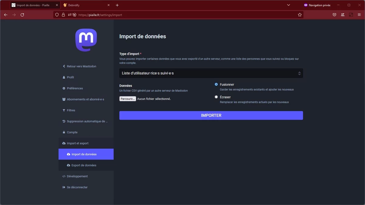 Import Mastodon © Capture d'écran