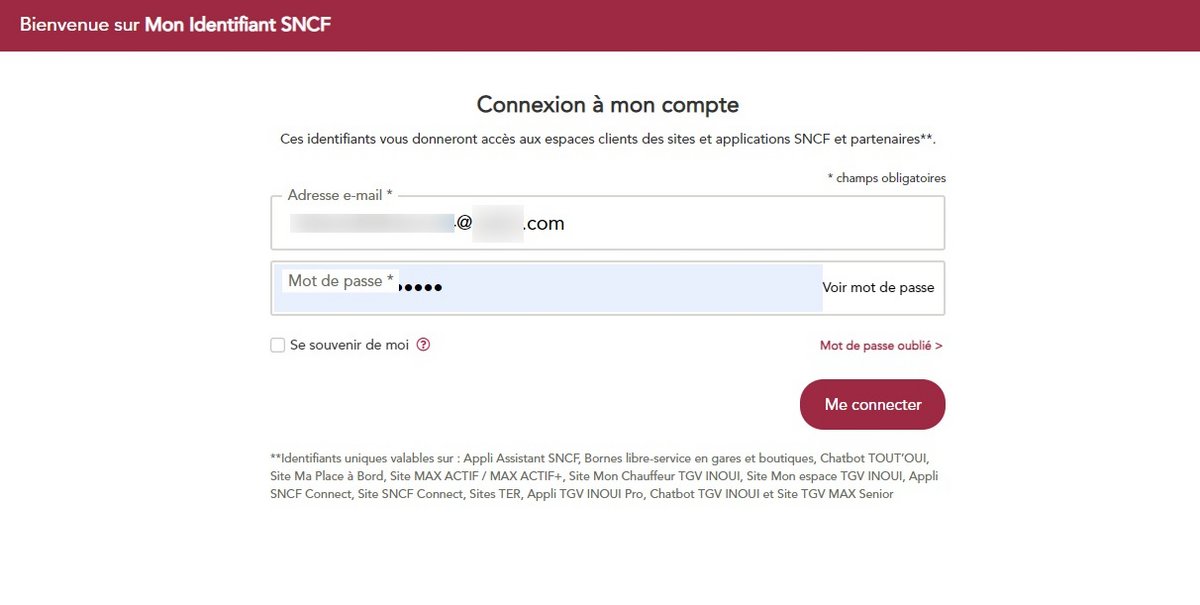 Mon identifiant SNCF page connexion