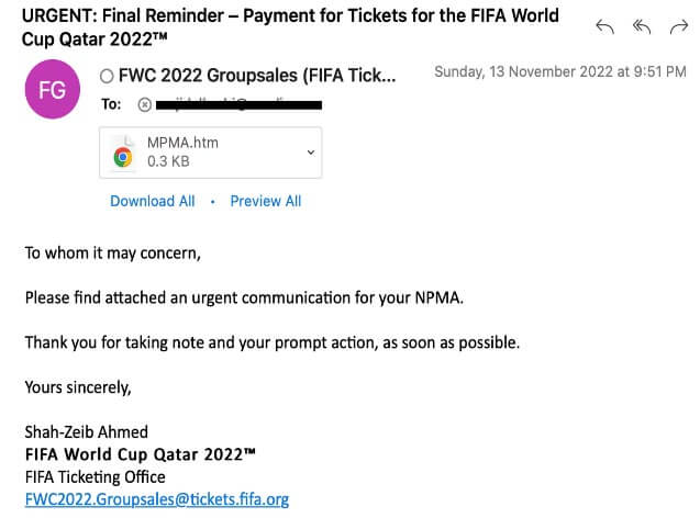 e-mail phishing FIFA © Trellix