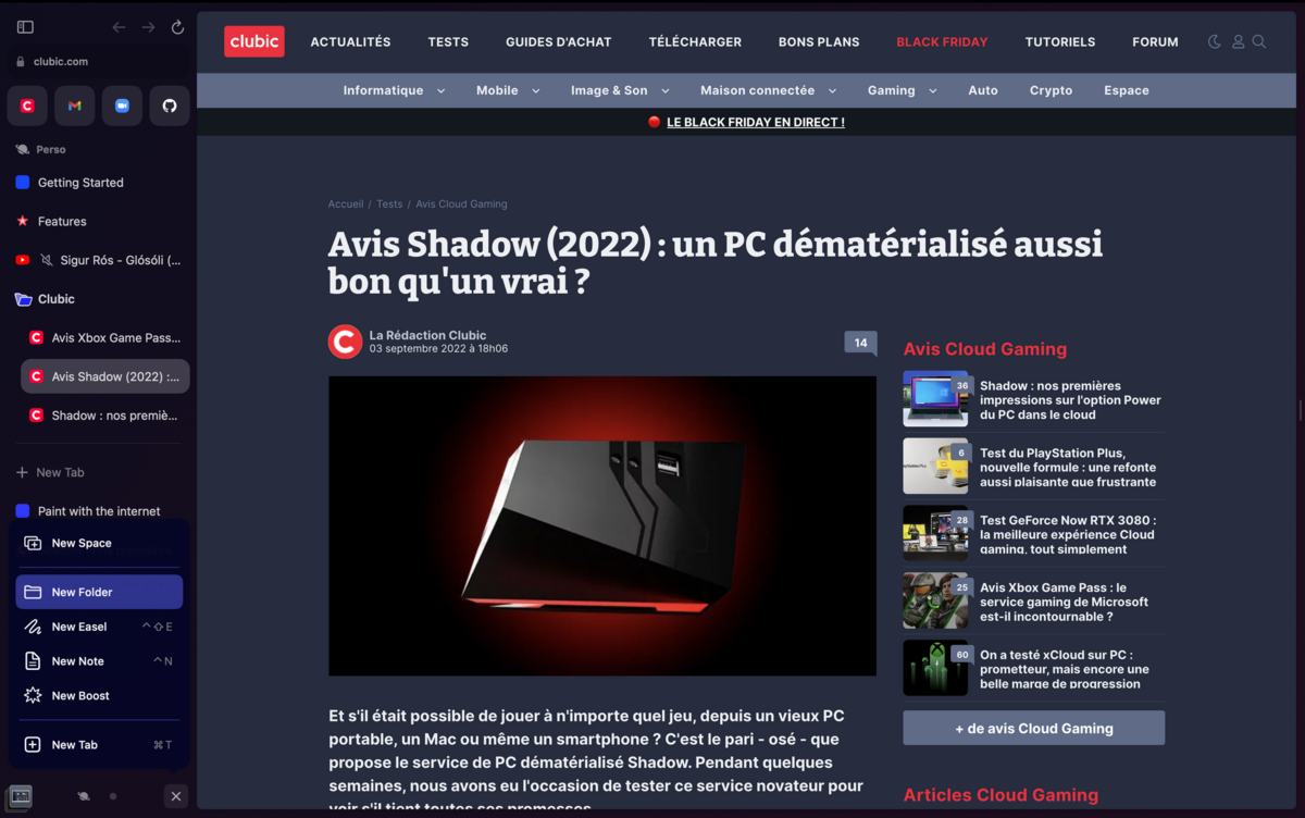 arc browser dossiers © clubic.com