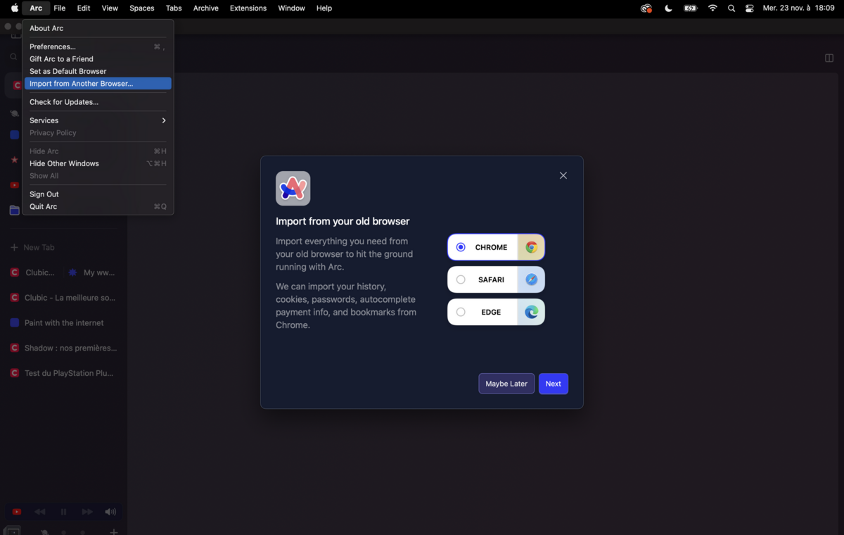 arc browser importer config © clubic.com