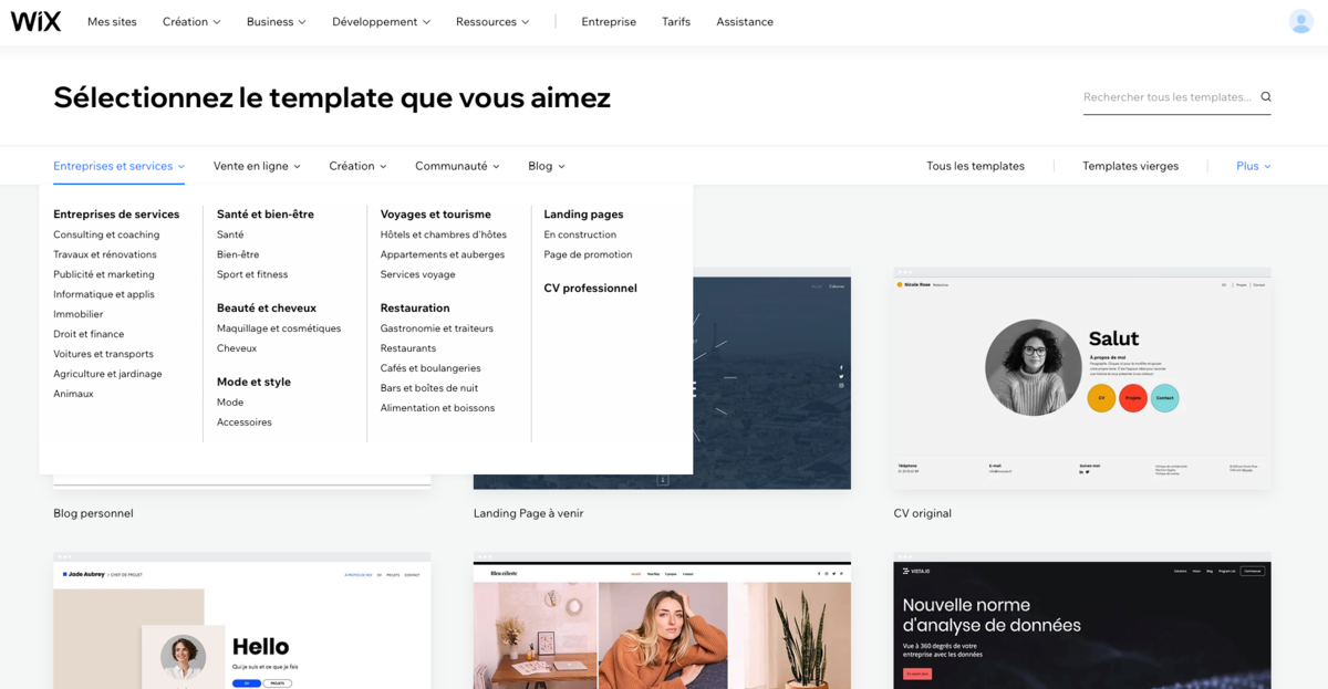 Wix template screen 1