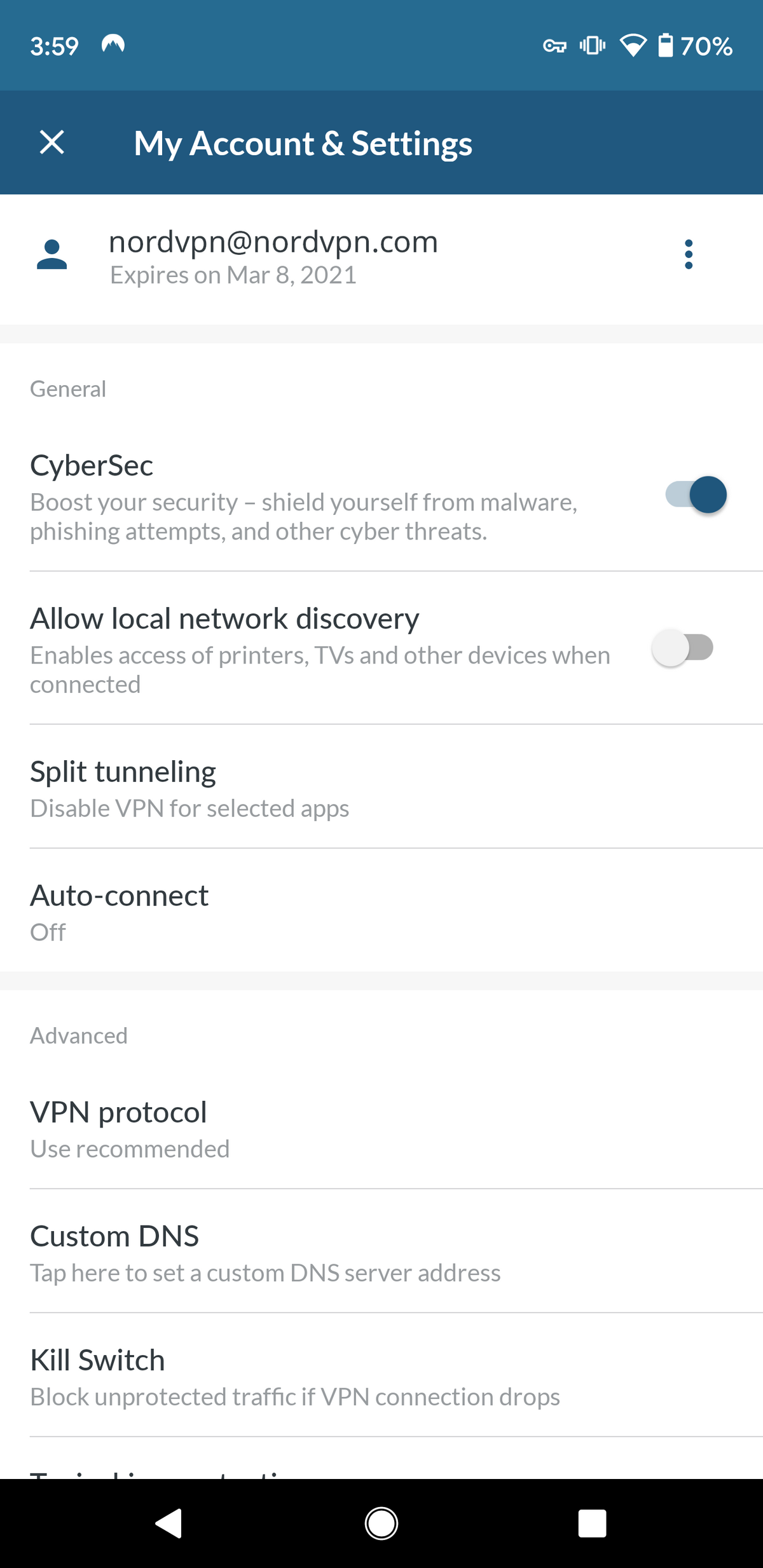 NordVPN - Les options de sécurité sur Android