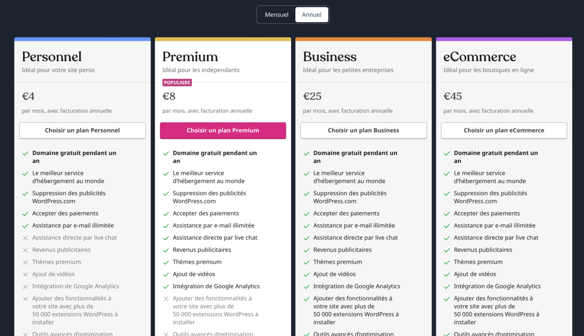 Abonnements forfaits WP Com