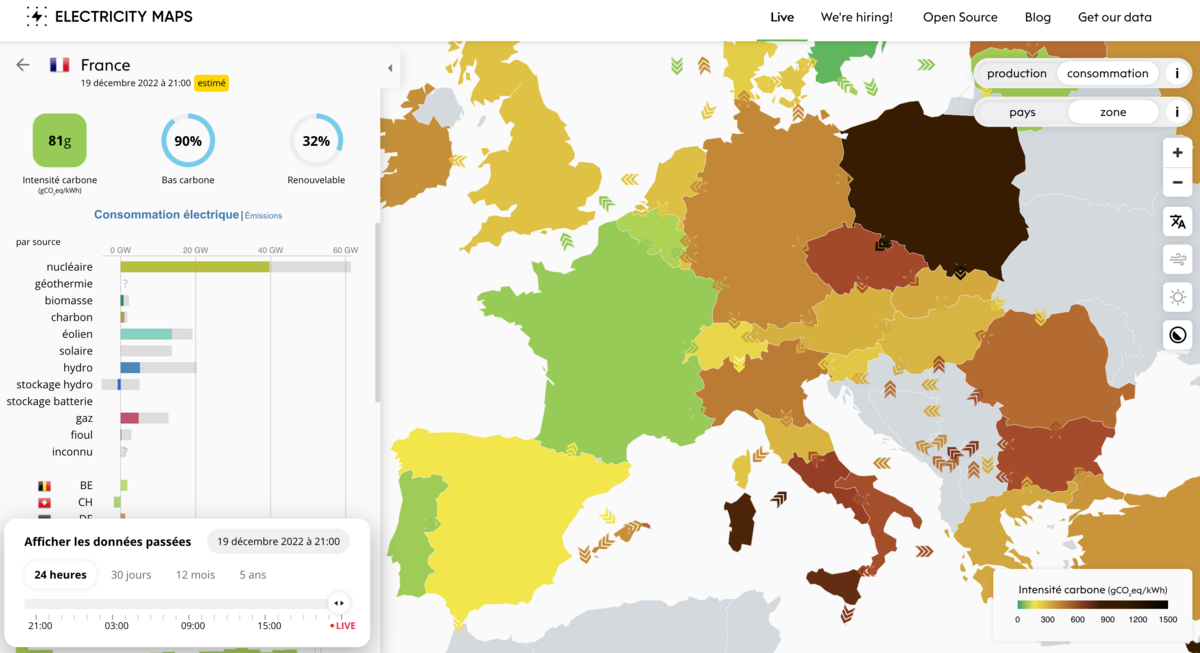 Carte de la consommation de l'électricité en France © © Electricty Maps