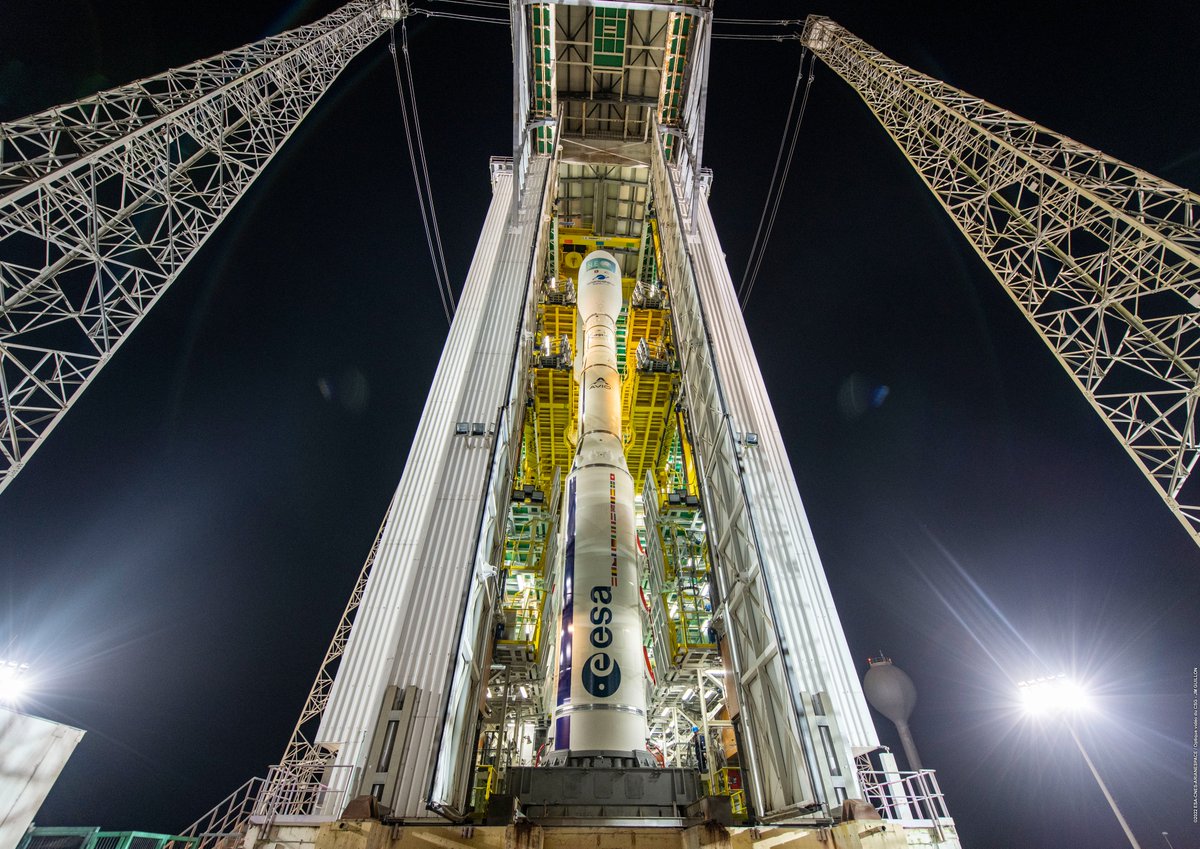 Vega C sur sa zone de lancement dédiée. Avant le décollage, le portique est reculé et mis en sécurité. Crédits : ESA/CNES/Arianespace/CSG/JM Guillon
