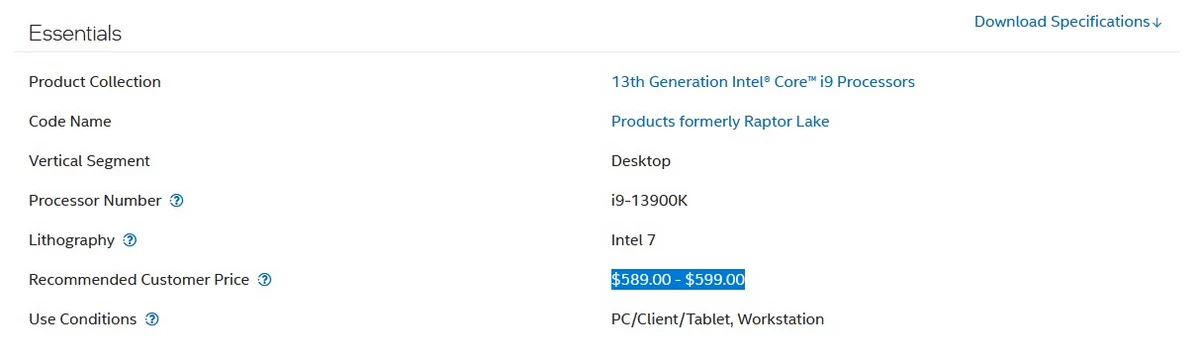 Prix Core i9-13900 © Intel