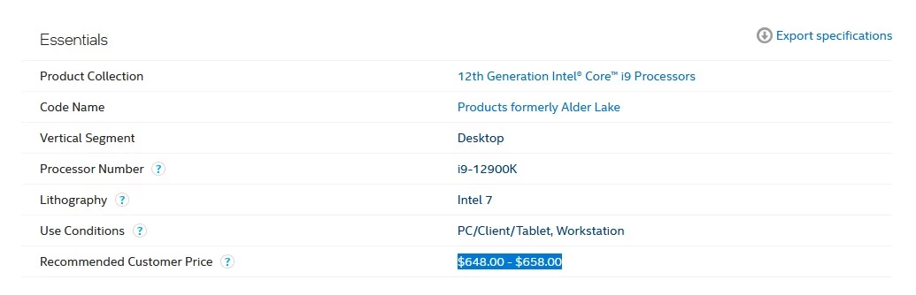 Prix Core i9-12900 © Intel