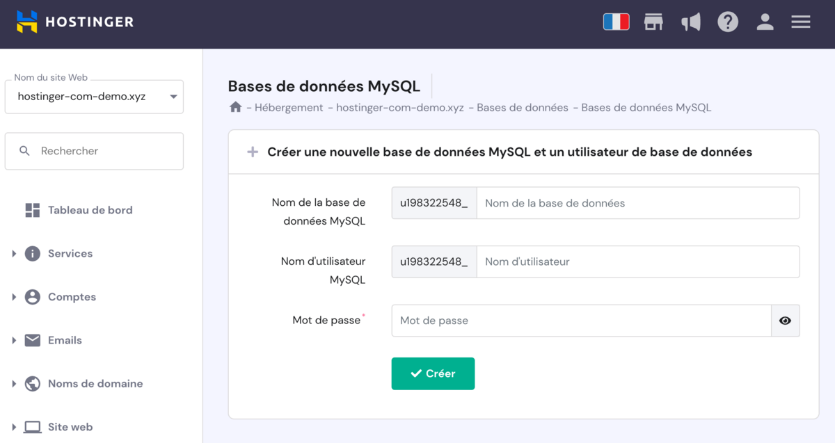 Création base de donnée - Hostinger