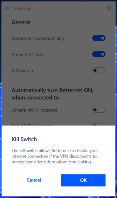 Le kill switch est désactivé par défaut sur Betternet VPN