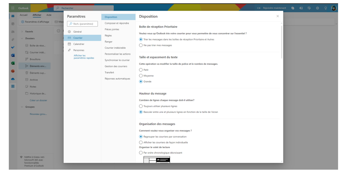 Outlook - Paramètres de disposition de la messagerie