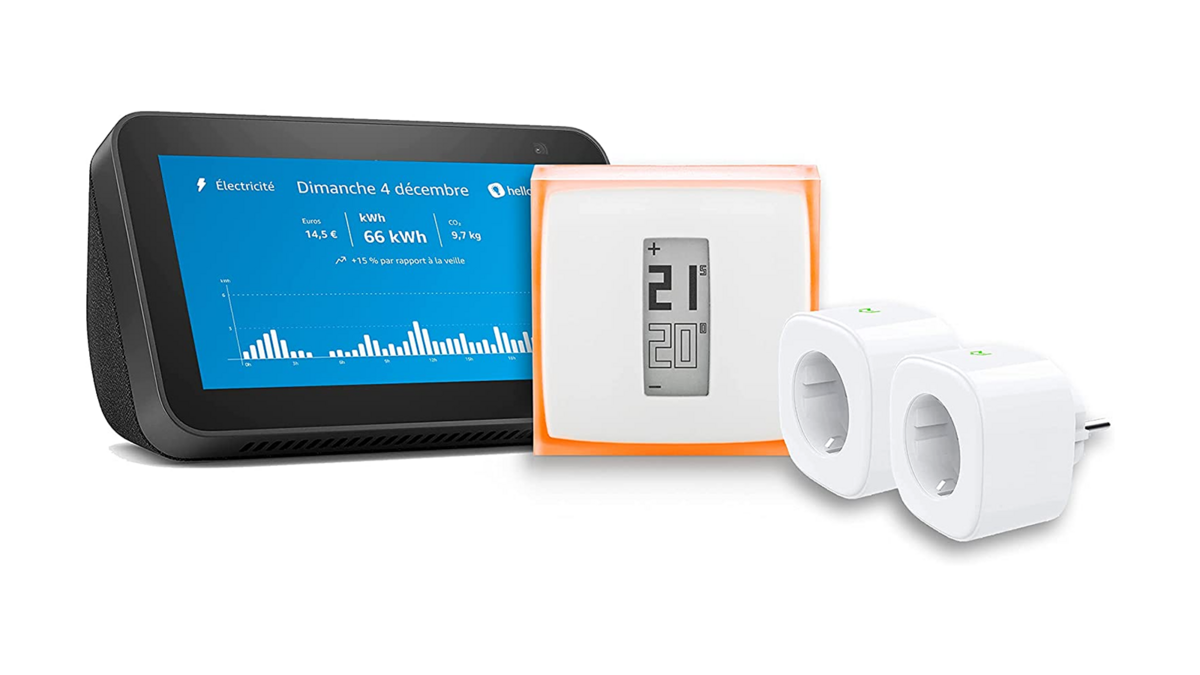 Echo Show 5 (2nd gen, modèle 2021) + Netatmo thermostat intelligent + 2 x prises connectées Meross © Amazon