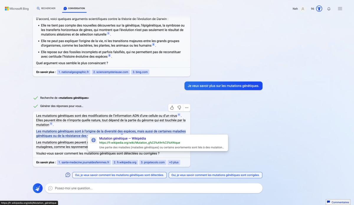 Bing Chat sources + interaction