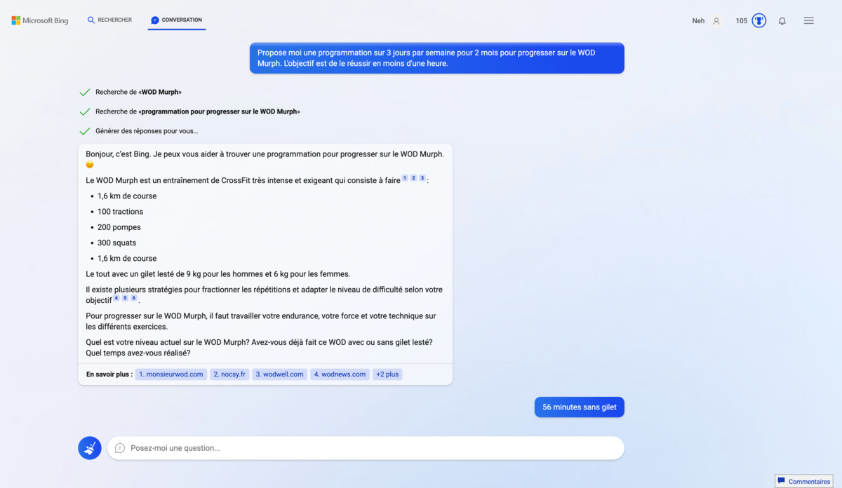 Bing Chat programme de sport