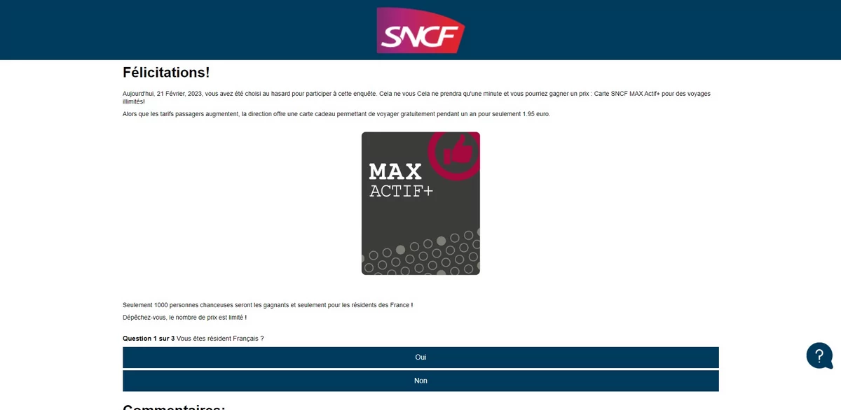 SNCF page arnaque