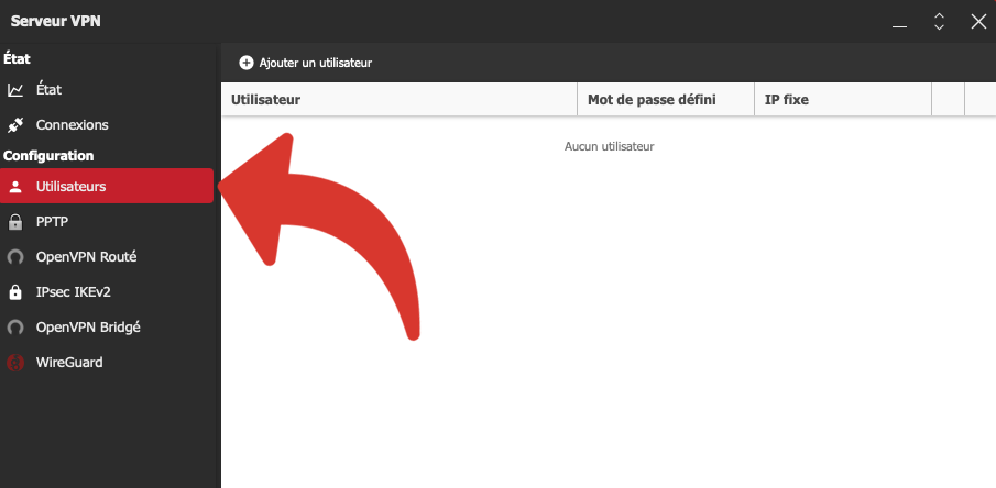 Menu utilisateur des serveurs VPN de la Freebox