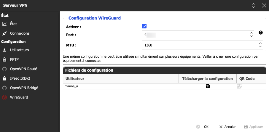 Configuration WireGuard avec un utilisateur pour le serveur VPN freebox