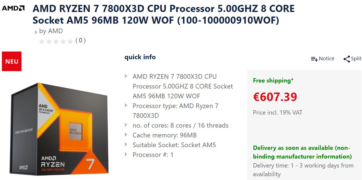 Prix AMD Ryzen 7 7800X3D Future-X © Videocardz