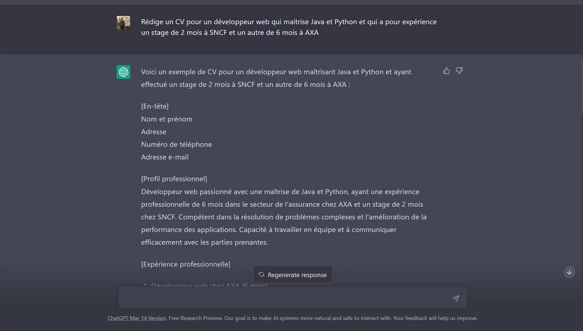 ChatGPT CV © © ChatGPT / Alexandre Schmid pour Clubic