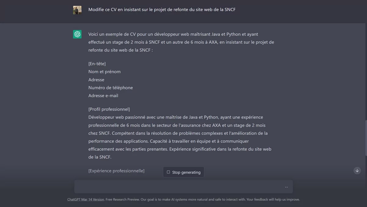 ChatGPT CV © © ChatGPT / Alexandre Schmid pour Clubic