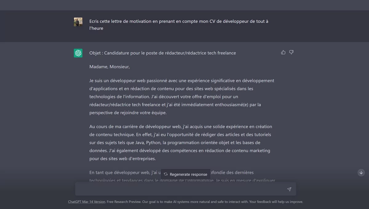 ChatGPT lettre motivation © © ChatGPT / Alexandre Schmid pour Clubic