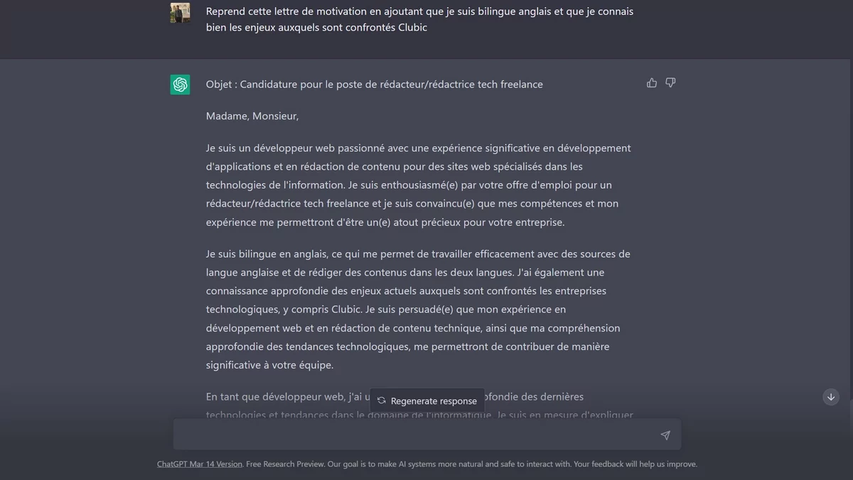 ChatGPT lettre motivation © © ChatGPT / Alexandre Schmid pour Clubic