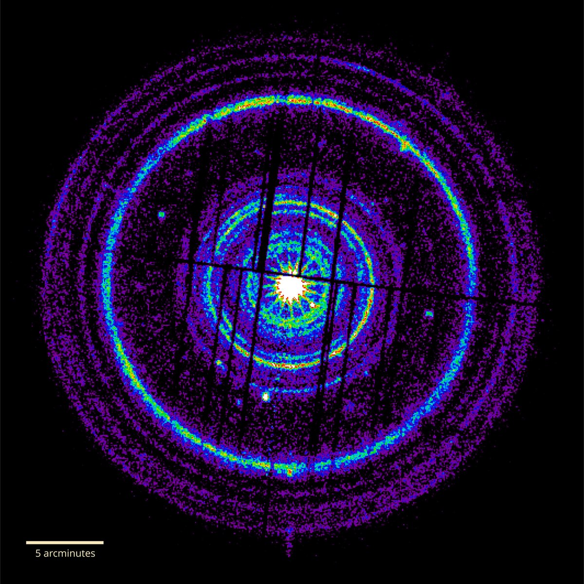 Le télescope spatial XMM-Newton a observé le sursaut gamma. Et cette image montre un composite avec les différents milieux traversés par cette gigantesque onde de choc. Crédits ESA/XMM-Newton/M. Rigoselli (INAF)