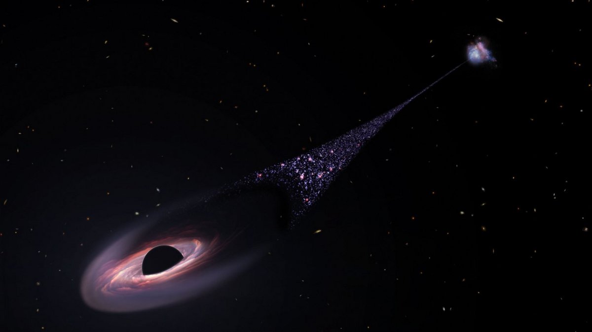 Vue d'artiste de cet étonnant trou noir supermassif, et de sa formation d'étoiles dans son sillage. Crédits NASA, ESA, Leah Hustak