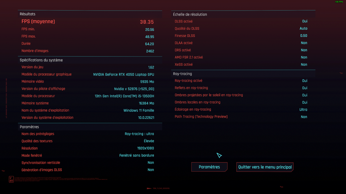Les résultats recensés par Cyberpunk 2077 à l’issue de son test du Medion Erazer Crawler E40 sont assez impressionnants. 