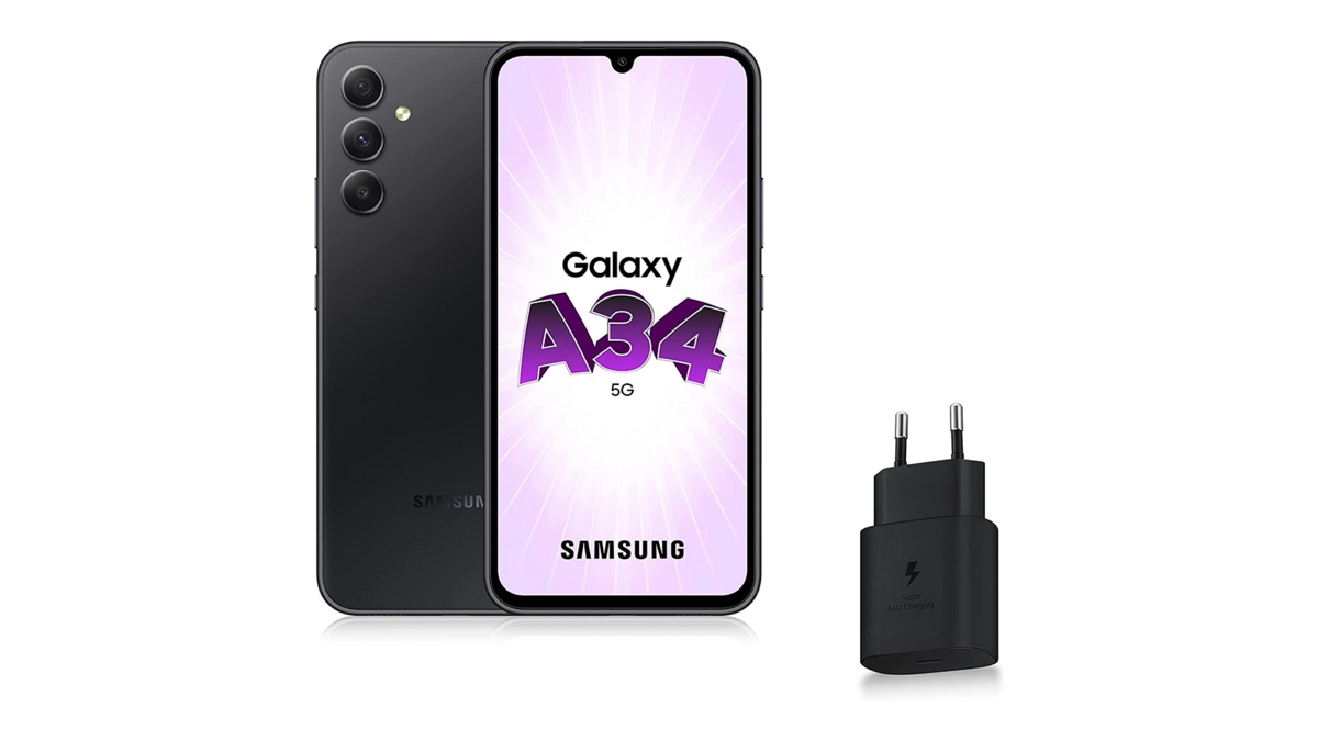 Le Samsung Galaxy A34 5G et son chargeur