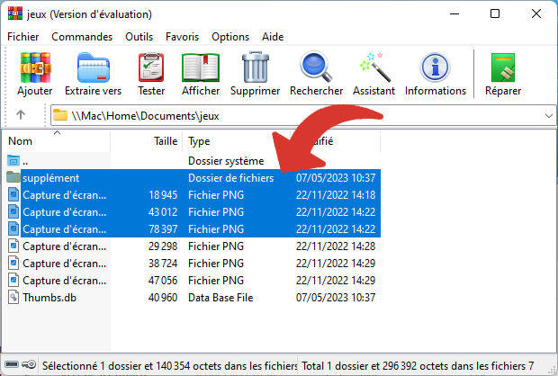Sélection de fichiers et dossiers sur WinRAR