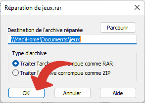 Validate the start of repairing the damaged archive with WinRAR