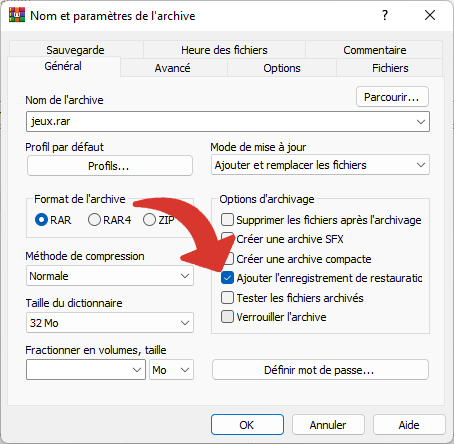 Add record to restore - WinRAR