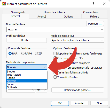 Méthode de compression avec WinRAR