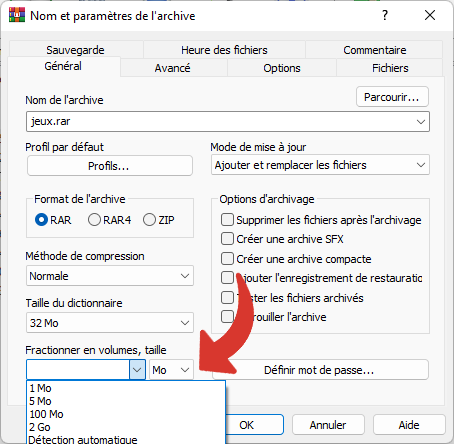 Choosing the size of each file in the WinRAR archive
