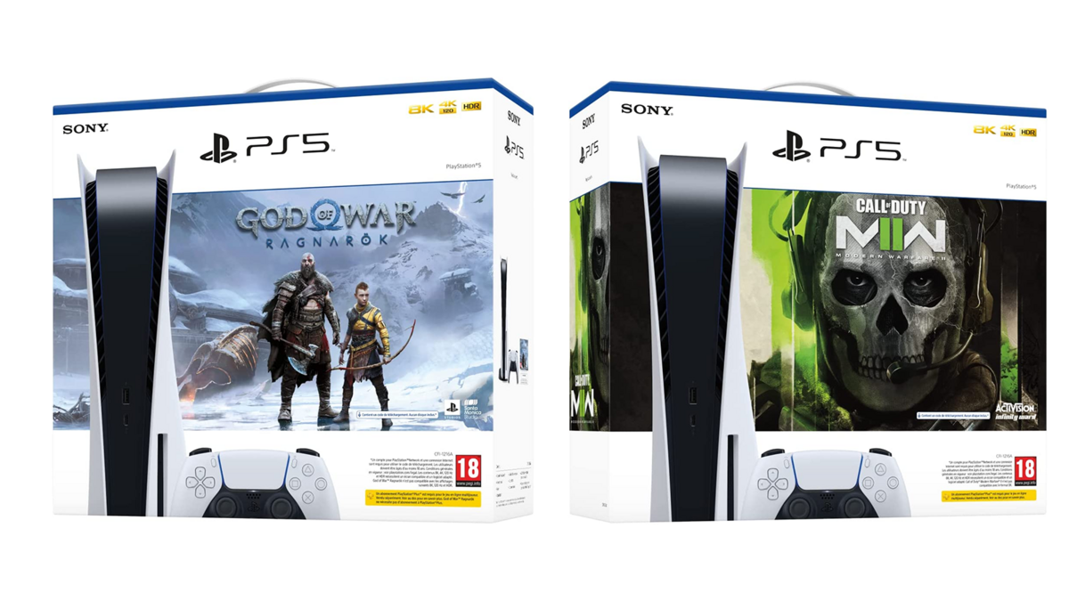 Les deux packs PS5, un avec God of War Ragnarök et l'autre avec Call of Duty Modern Warfare 2