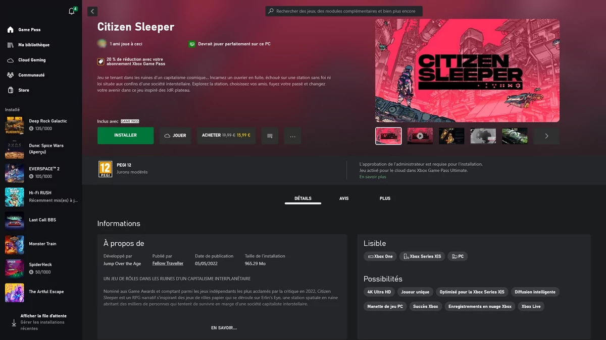 Xbox Game Pass page jeu © Microsoft