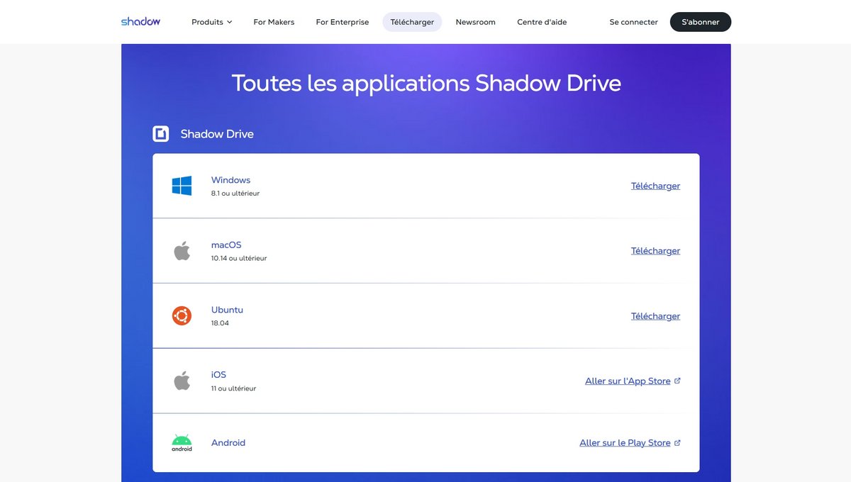 Shadow Drive - Panel des applications
