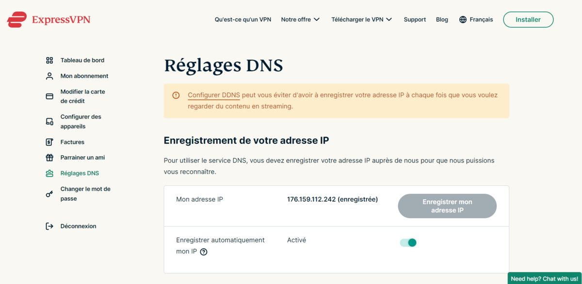 ExpressVPN - Enregistrer son IP dans les réglages DNS