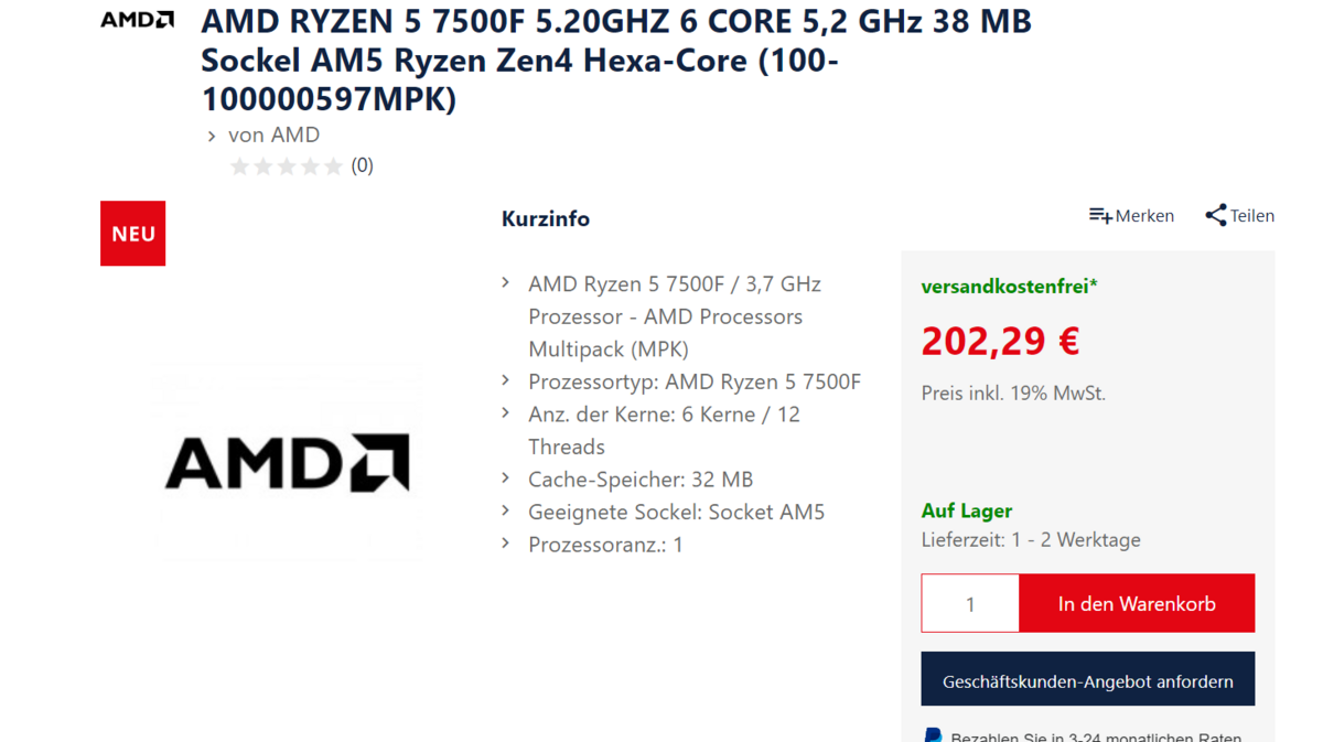 Prix allemands AMD Ryzen 5 7500F © Videocardz